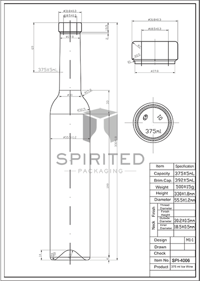 Data sheet for 375ml Bellissima Ice Wine bottle, Flint - SPI-4006 FL