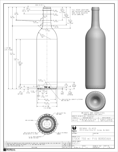 Data sheet for Bennu Glass Standard Claret/Bordeaux wine bottle - BX571