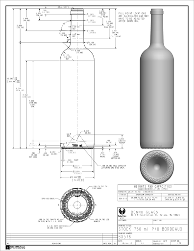 Data sheet for Bennu Glass Tall Straight Claret/Bordeaux wine bottle - BX576