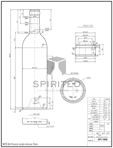 Data sheet for Premium Heavy Claret/Bordeaux wine bottle - SPI-1906 AG