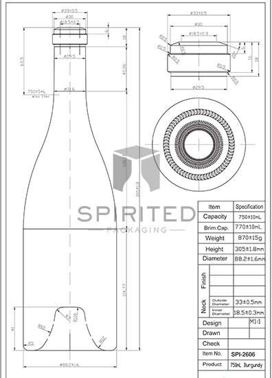 Data sheet for Premium Heavy Burgundy wine bottle, Antique Green - SPI-2606 AG