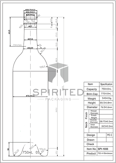 Data sheet for Standard Claret/Bordeaux wine bottle, Flint - SPI-1003 FL
