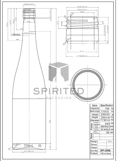 Data sheet for Standard Hock Screw Top wine bottle, Antique Green - SPI-3056 AG