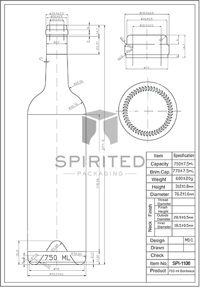 Data sheet for Tall Claret/Bordeaux wine bottle, Antique Green - SPI-1106 AG