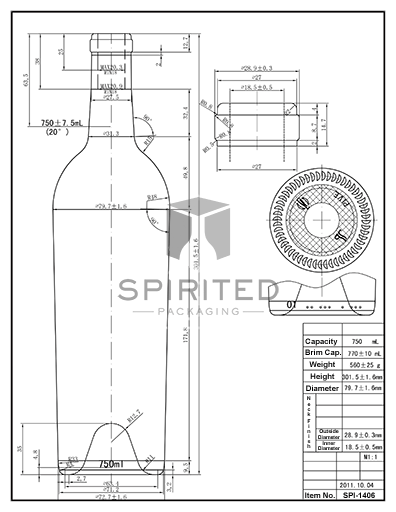 Data sheet for Tapered Claret/Bordeaux wine bottle - SPI-1406 AG